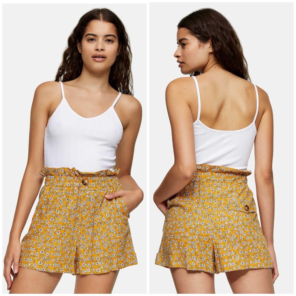 Topshop Mustard Floral Print Paperbag Turn Up Shorts NWT